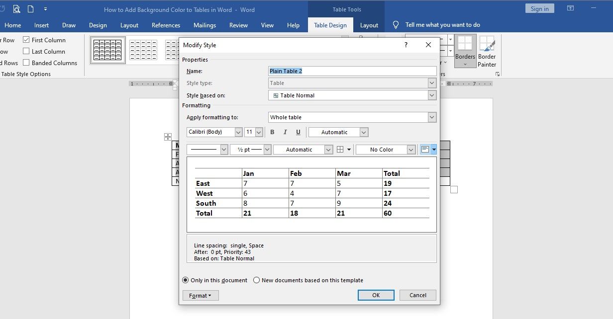 Table Style Formatting Window