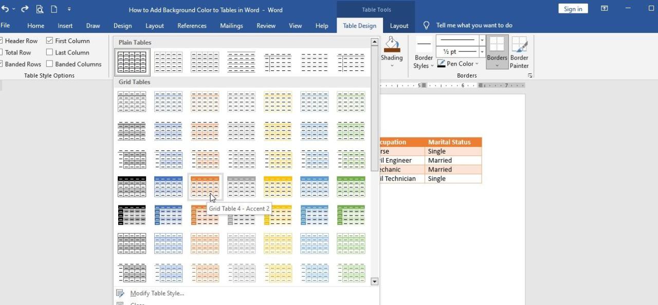 Grid Tables in Word