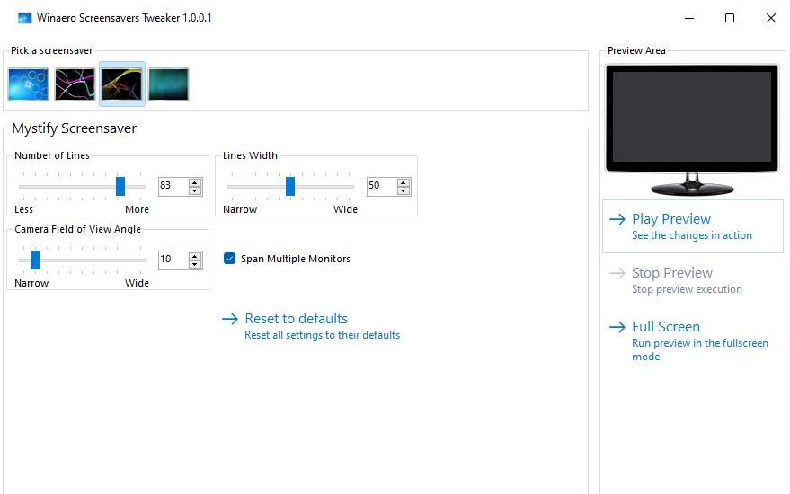 The Mystify screensaver settings 