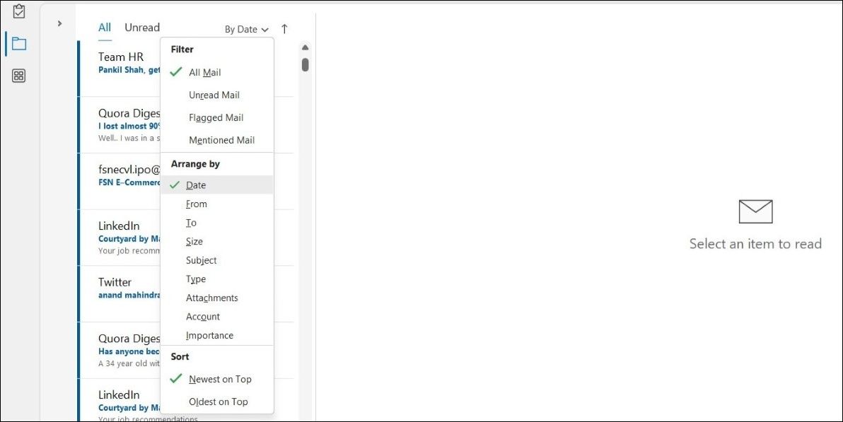 Outlook Email Sort Options