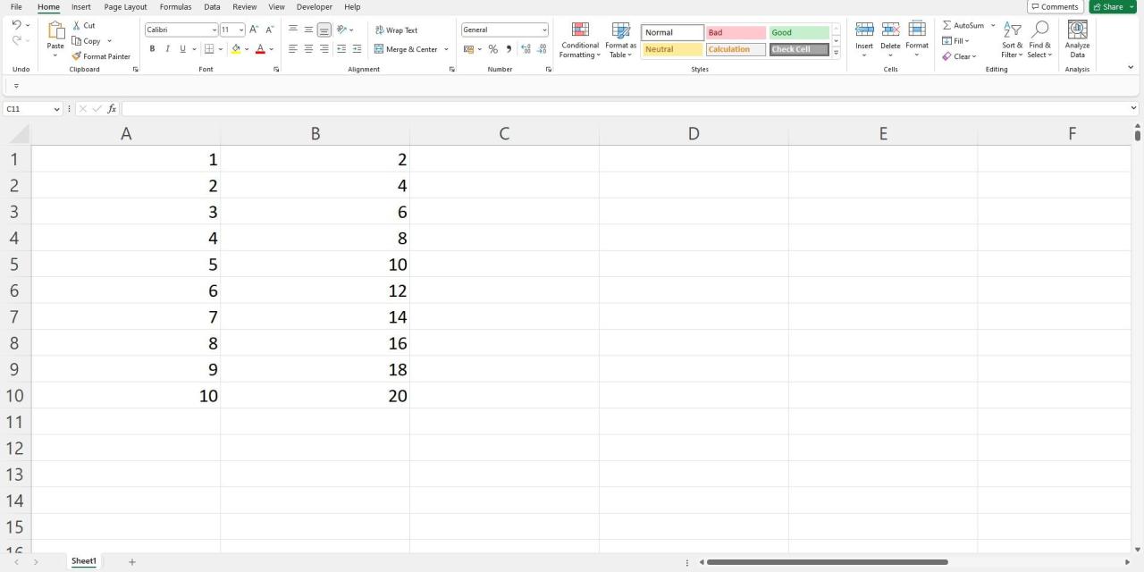 Excel sheet interface with two columns of data