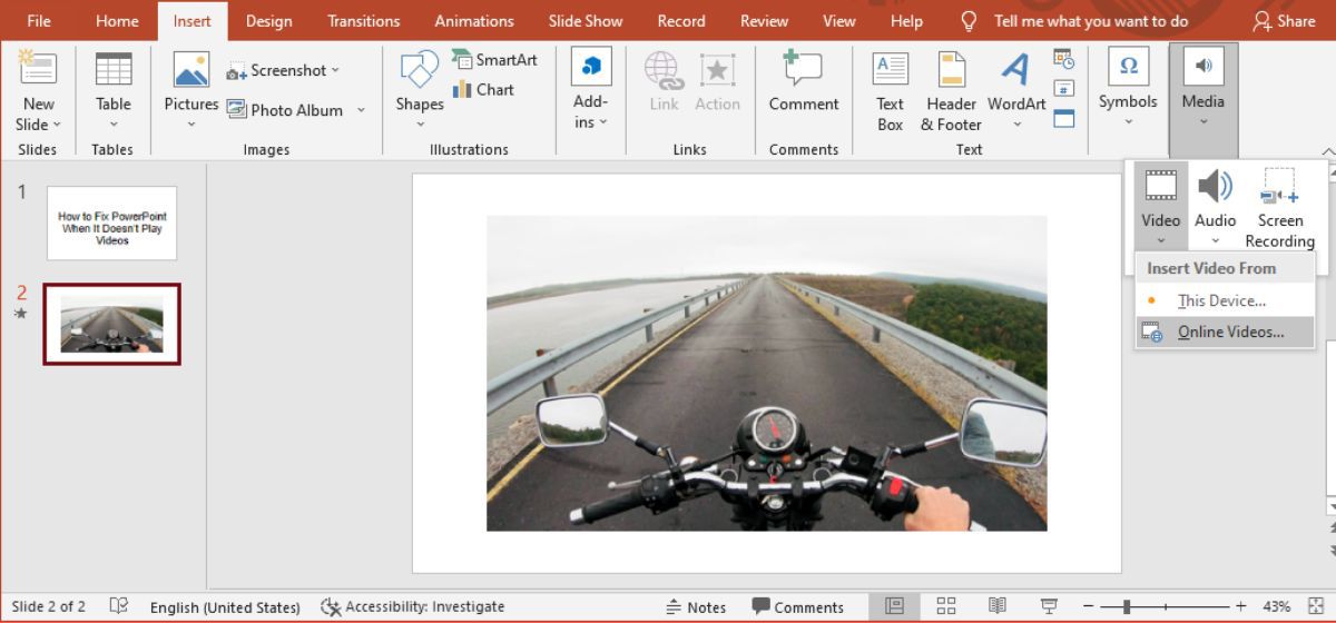 Inserting an online video in PowerPoint