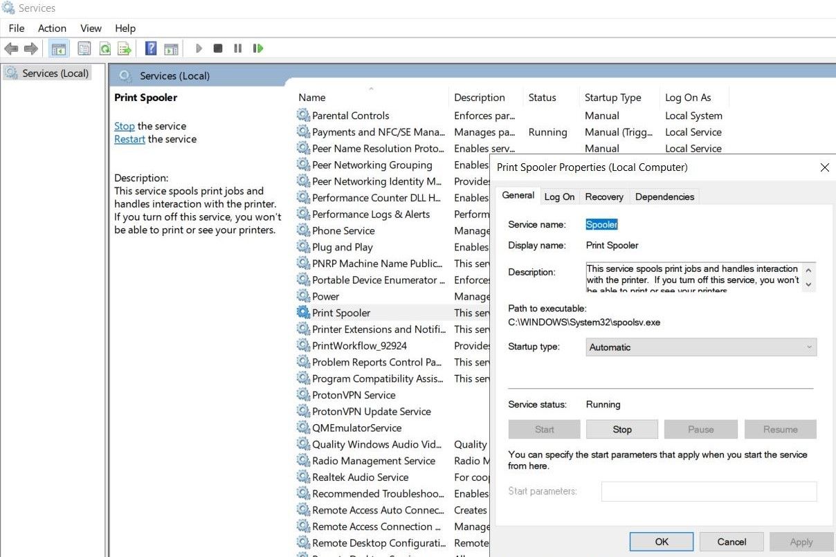 print spooler properties