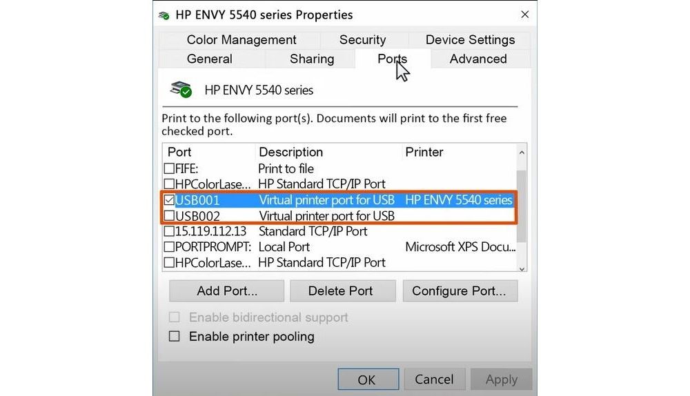 different ports in printer properties