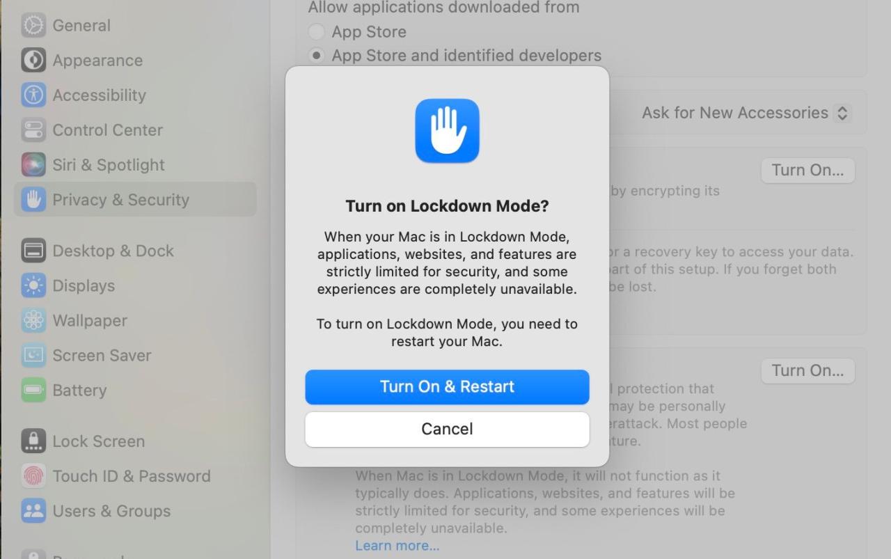 Prompt to turn on Lockdown Mode on macOS Ventura