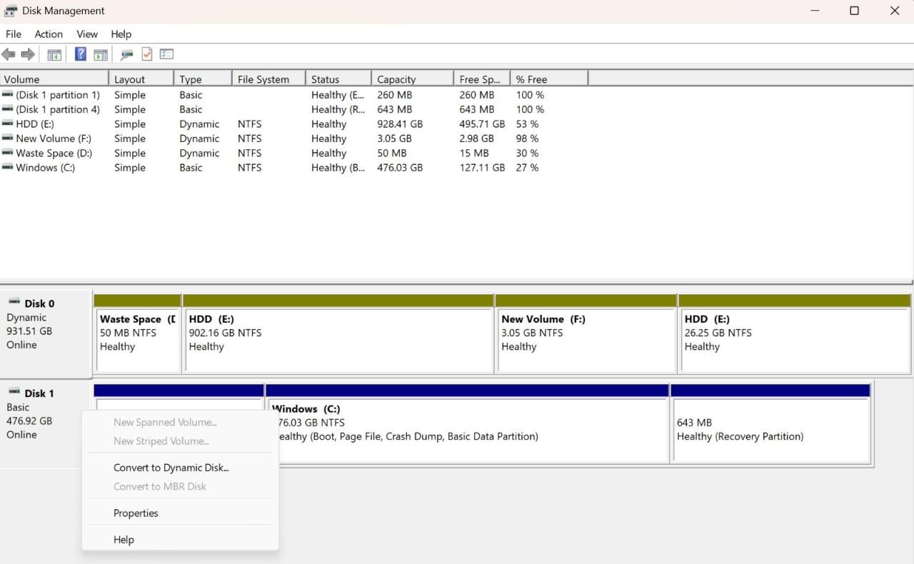 Properties option in Disk Management