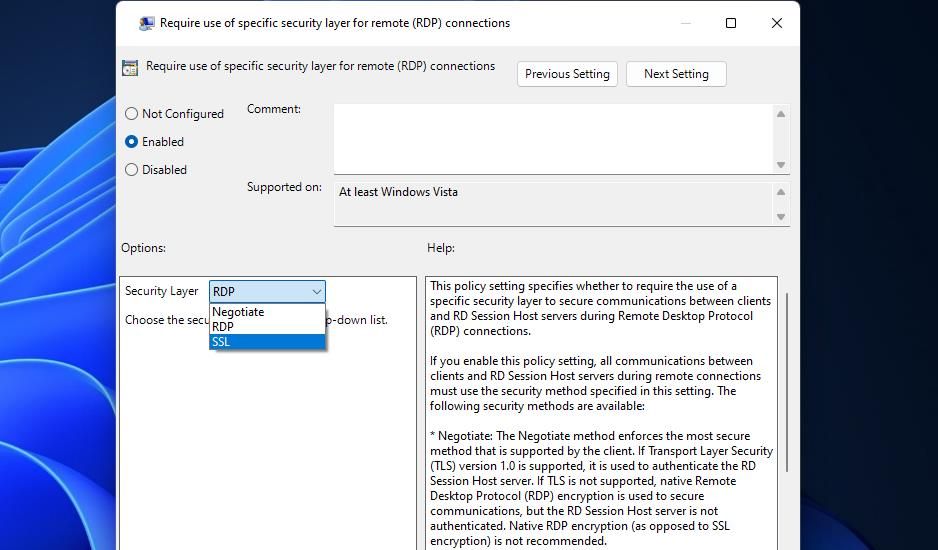 The Security Layer RDP option 