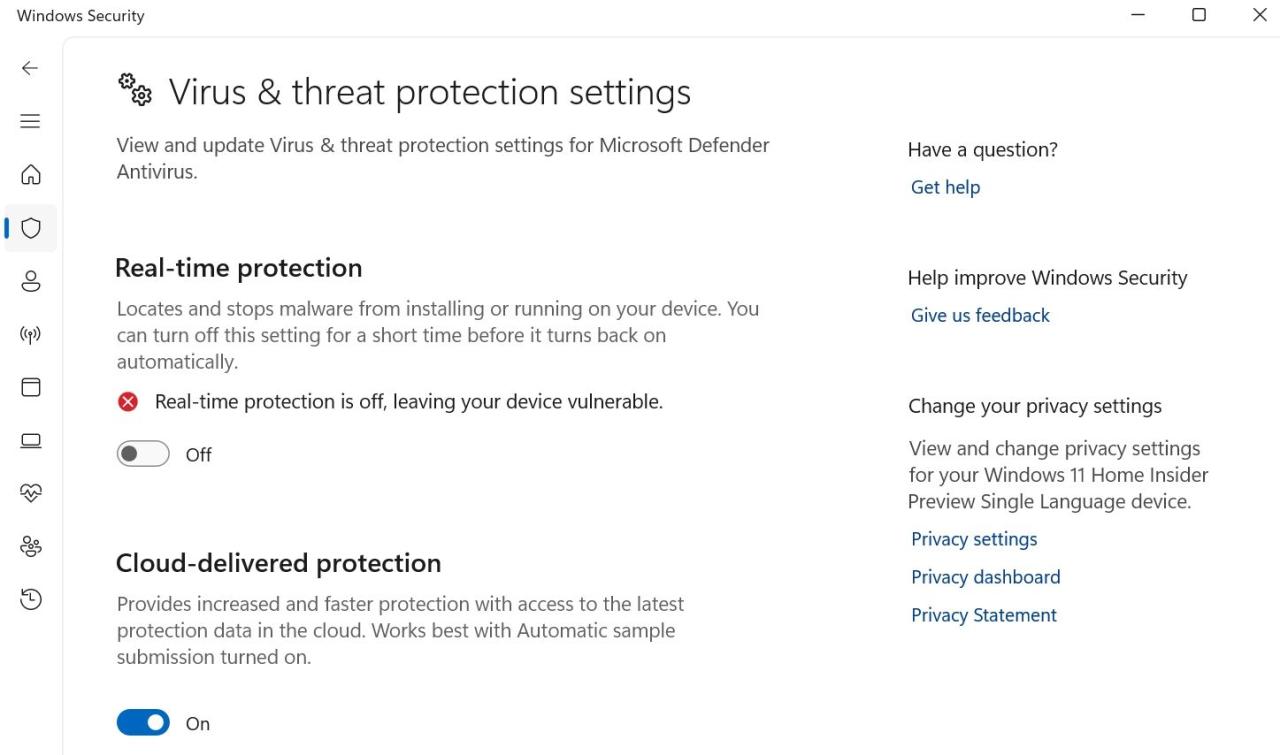 Real-time protection option in Windows Security