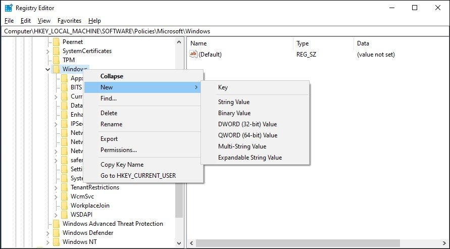 registry editor new key Windows