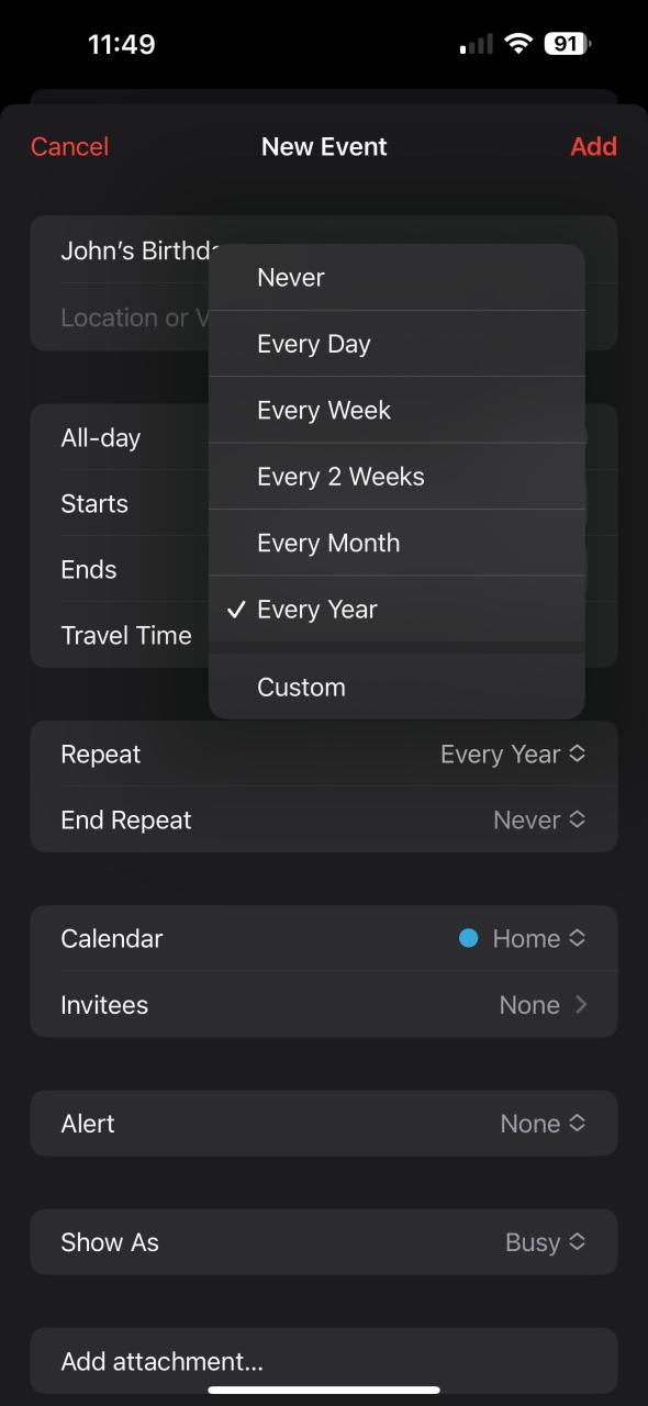 Repeat event settings in Calendar