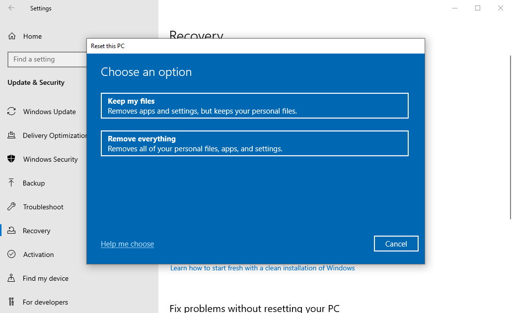 reset this pc dialog box