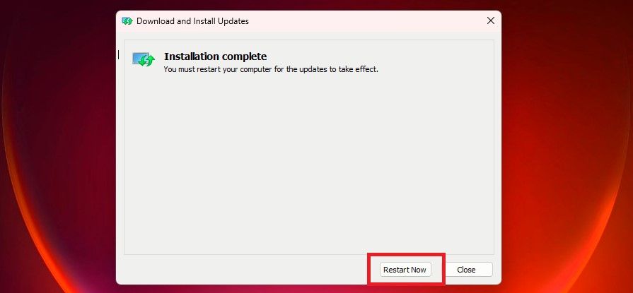 Click Restart Now to Complete Installation