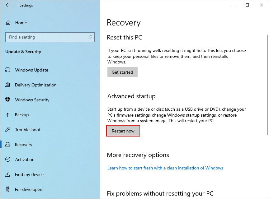 Restart now button in Windows Settings