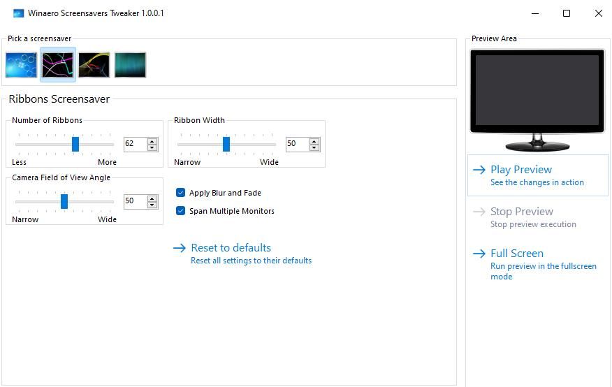 The Ribbons screensaver settings