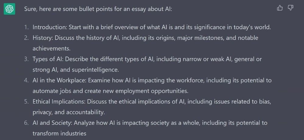 Screenshot of ChatGPT response to AI Bullet points