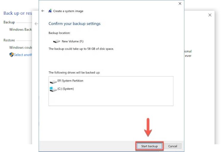 Screenshot Showing How to Start System Image Backup to Drive in the Control Panel