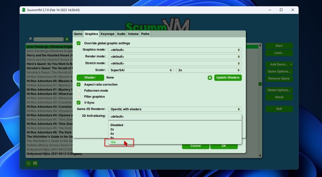 ScummVM Game Options Graphics 3D Anti Aliasing Level