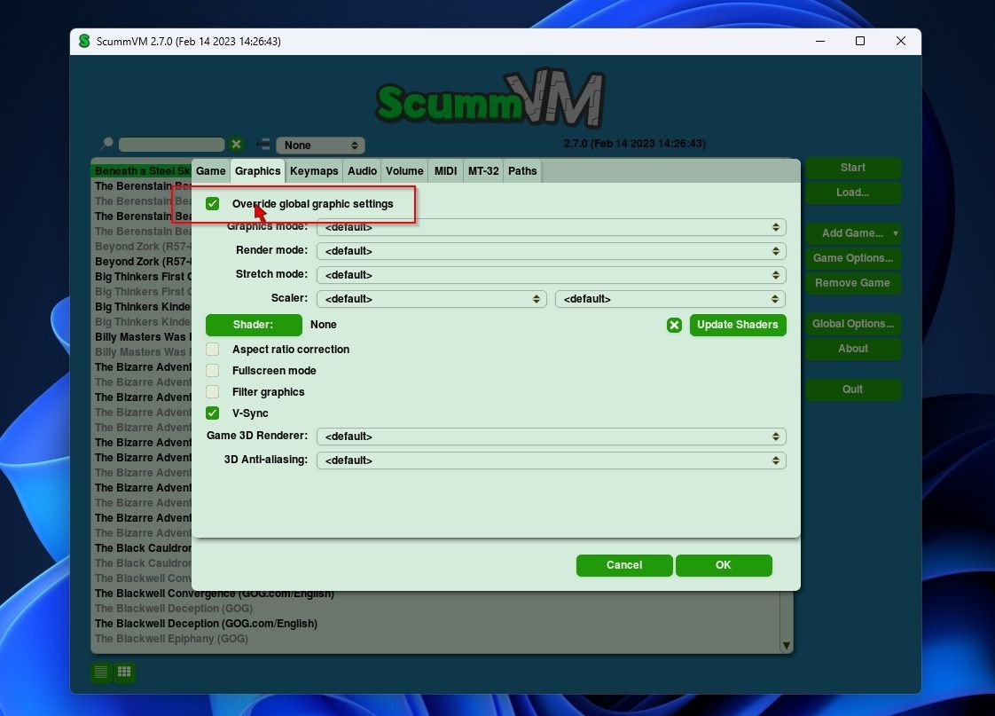 ScummVM Game Options Graphics Override Global Settings