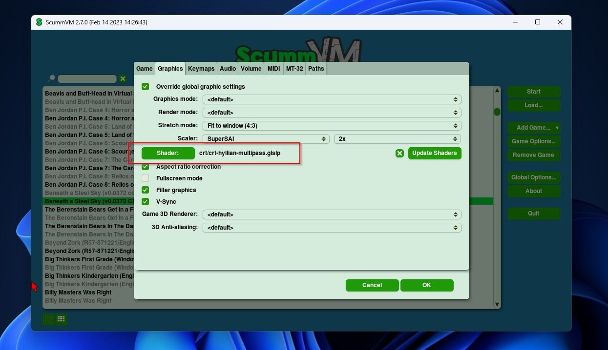 ScummVM Game Options Graphics Shader Selected