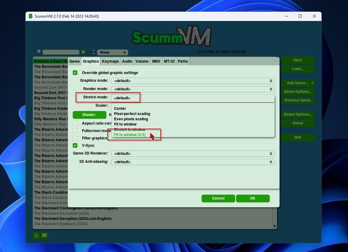 ScummVM Game Options Graphics Stretch Mode