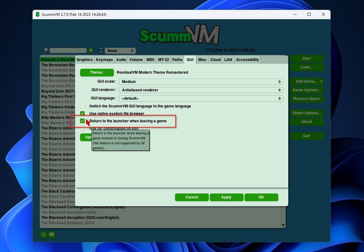 ScummVM Global GUI Return To Launcher