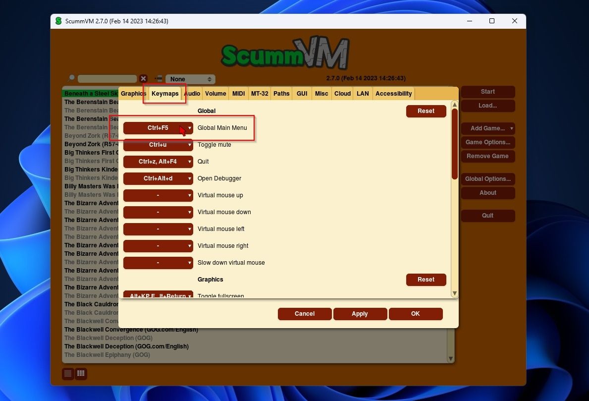 ScummVM Global Keymaps Global Main Menu