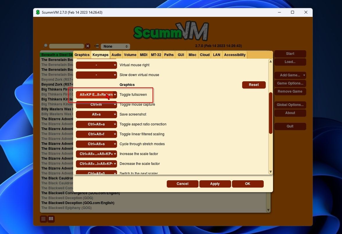 ScummVM Global Keymaps Toggle Fullscreen