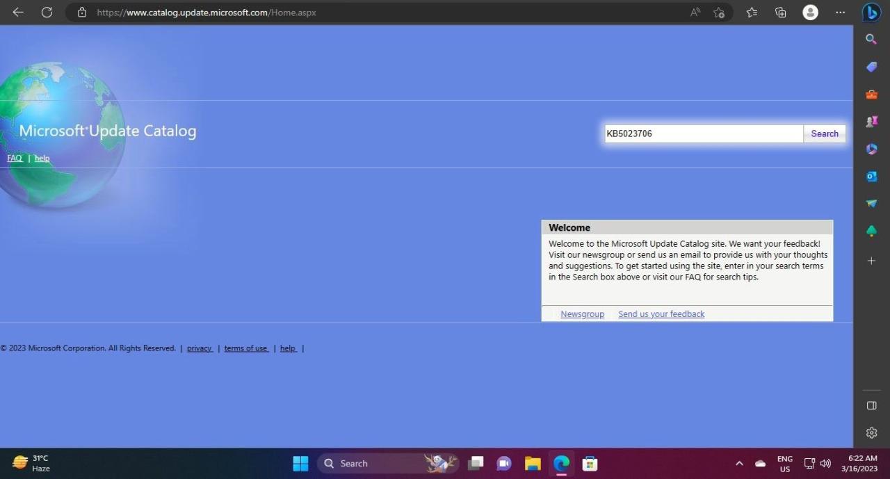 Search For Update On Microsoft Update Catalog