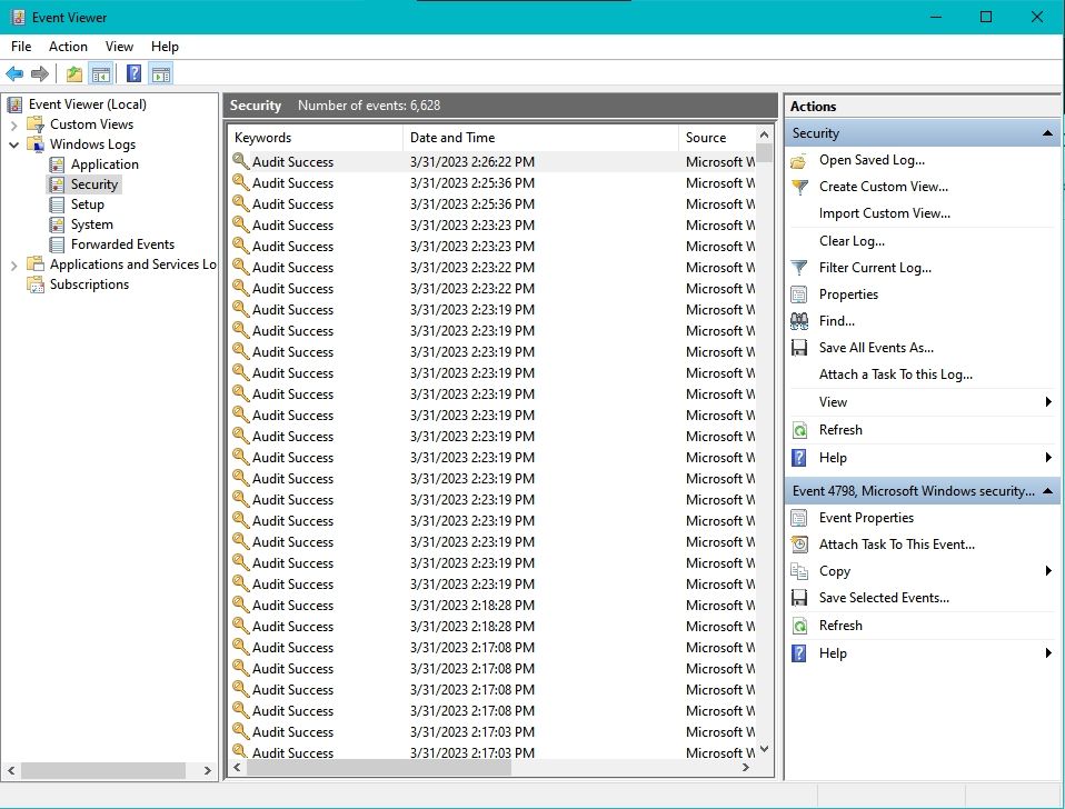 security logs on the Event Viewer