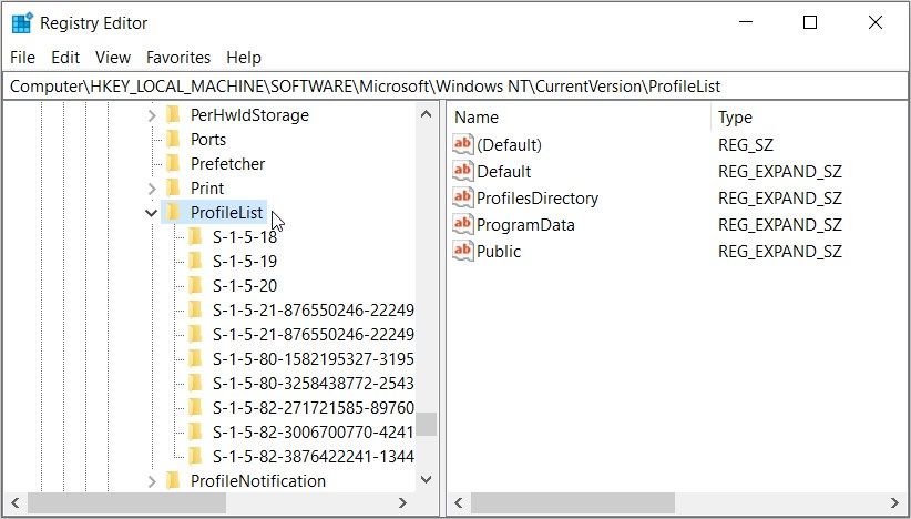 Selecting the ProfileList folder in the Registry Editor
