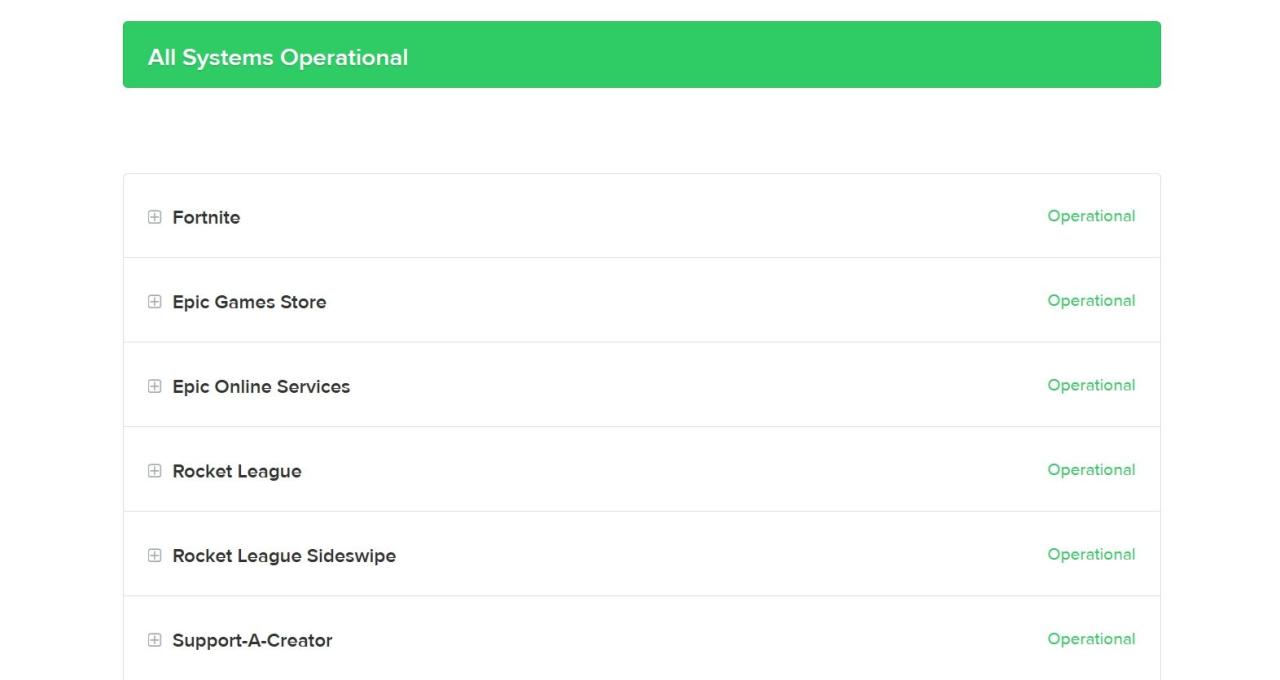 Server status page of Epic Games Launcher