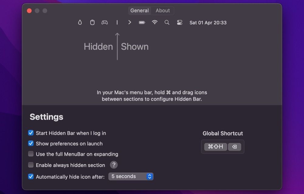 setting a global shortcut for Hidden Bar