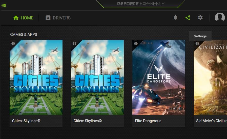 The Settings button in GeForce Experience