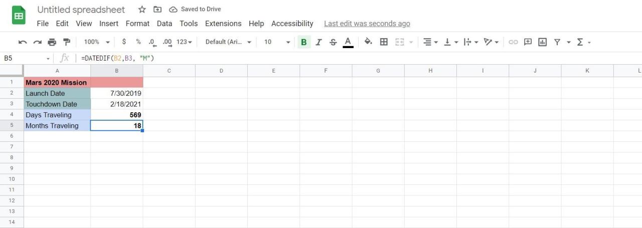 Calculating the months between two dates using DATEDIF in Sheets. 