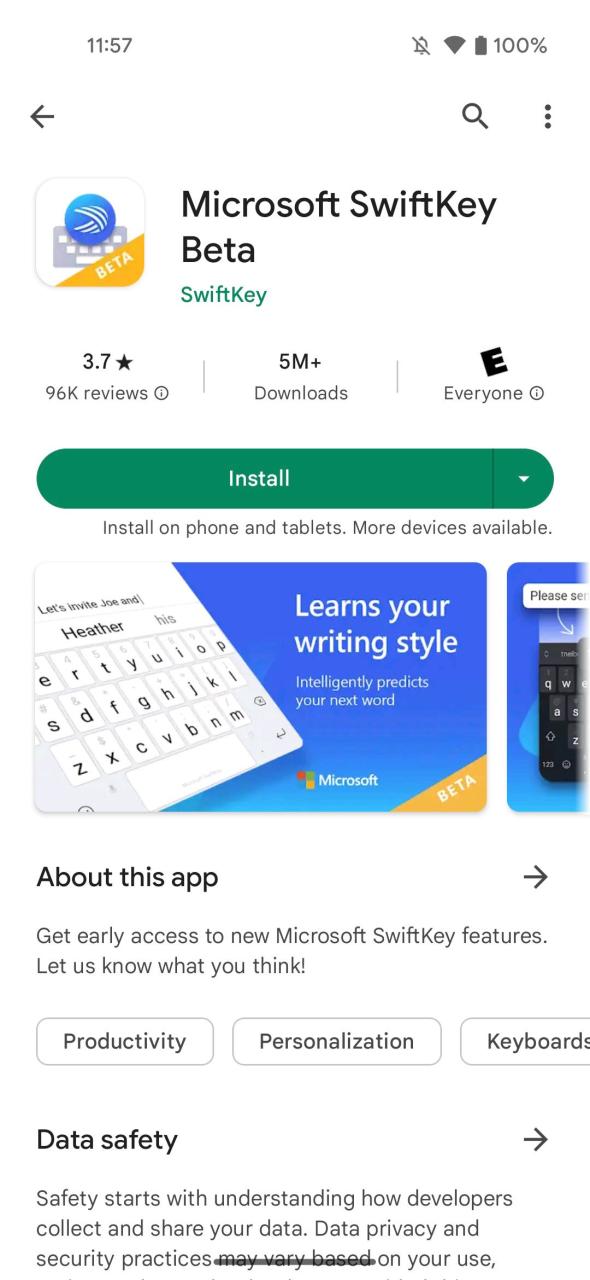 The Microsoft SwiftKey Beta install page on Google Play