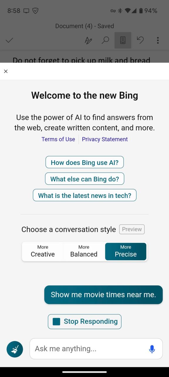 An example of using chat in Bing AI via SwiftKey Beta