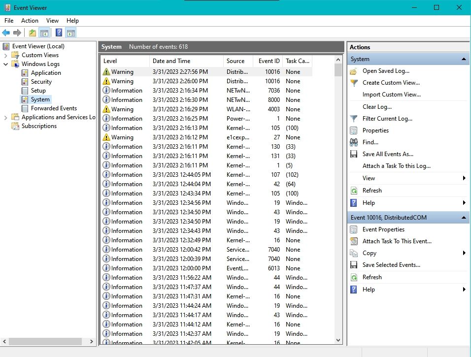 system logs on the Event Viewer