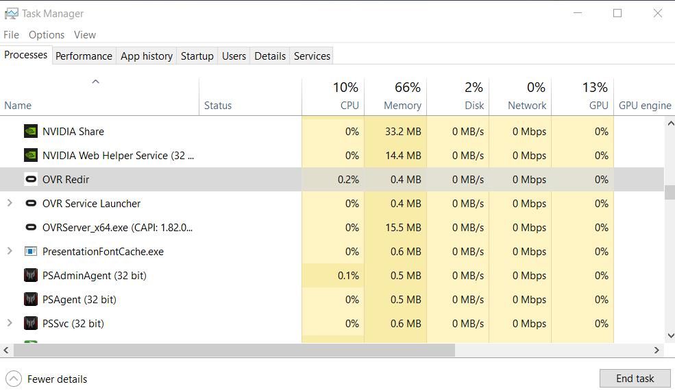 The Processes tab in Task Manager