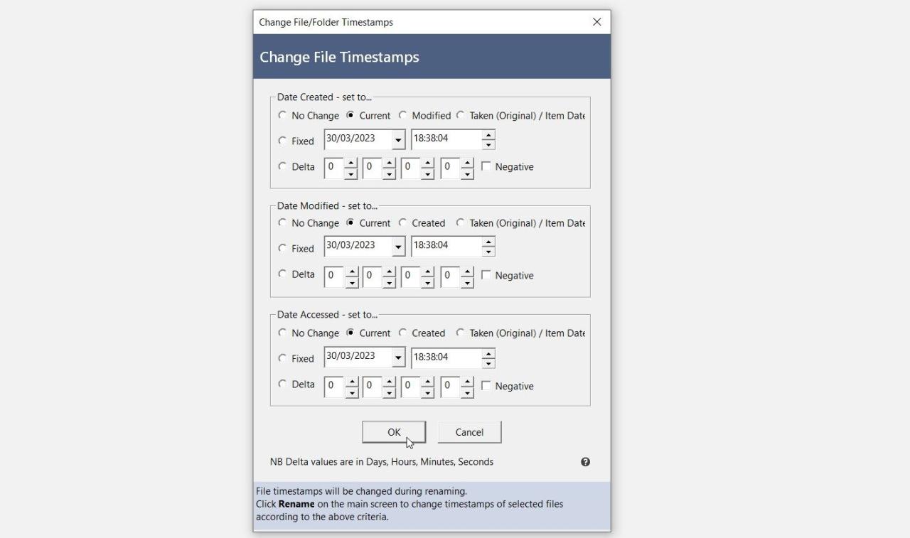 The Change File Timestamps Window from the Bulk Rename Utility Tool