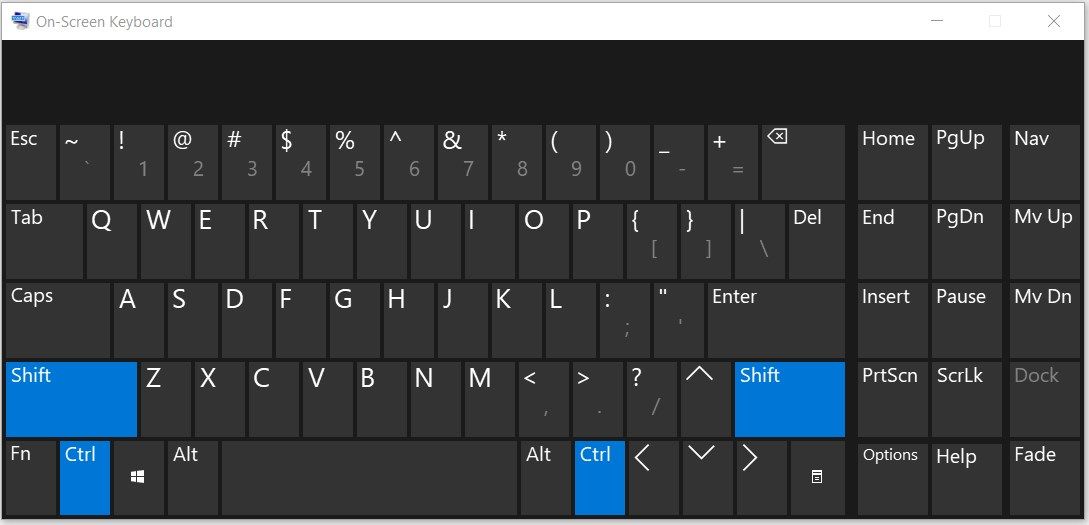 The Ctrl and Shift buttons highlighted in blue on the on-screen keyboard