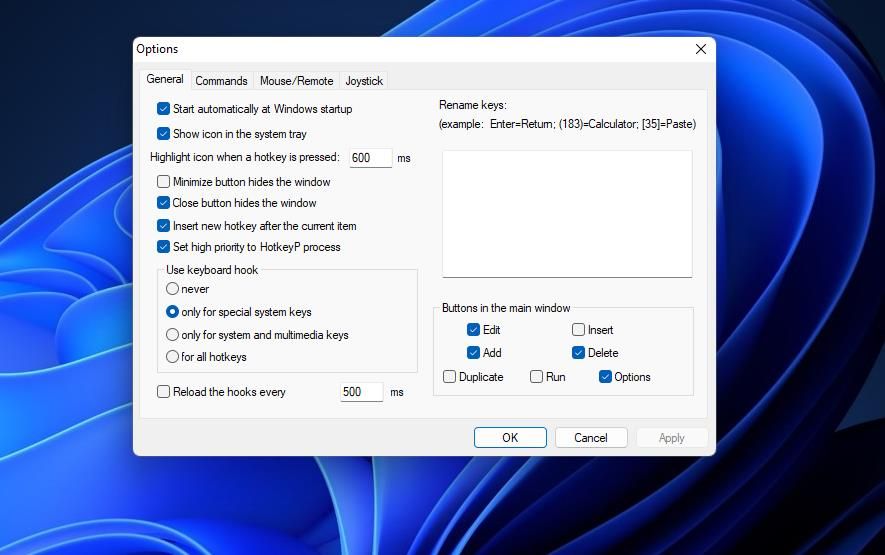 The General tab in HotkeyP\'s Options window
