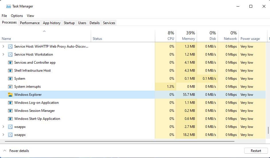 The Windows Explorer process in Task Manager