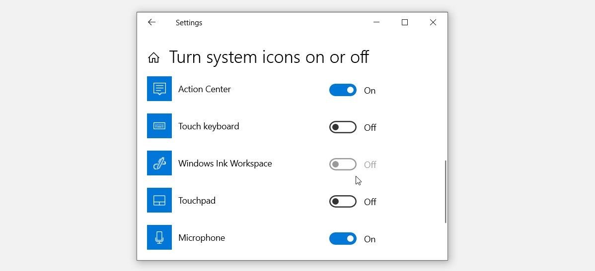 Toggling the Windows Ink Workspace button to the Off position