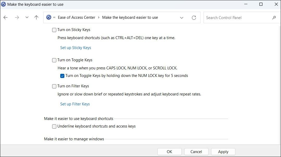 Turn Filter Keys On or Off via the Control Panel