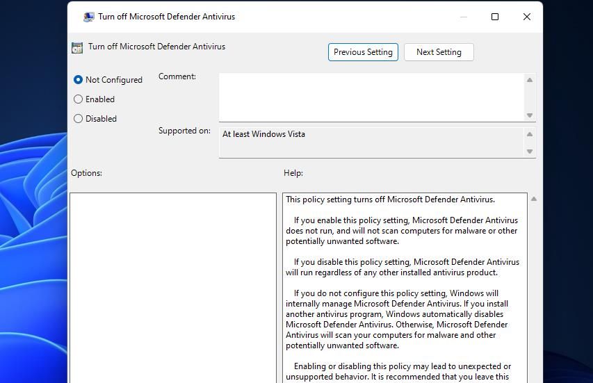 The Turn Off Microsoft Defender Antivirus policy window 