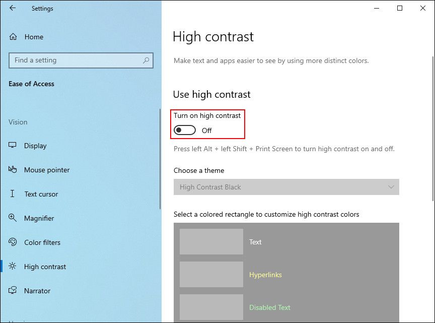 Enable high contrast on Windows