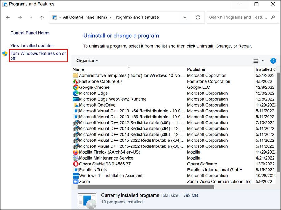 Turn Windows features on or off option in Control Panel