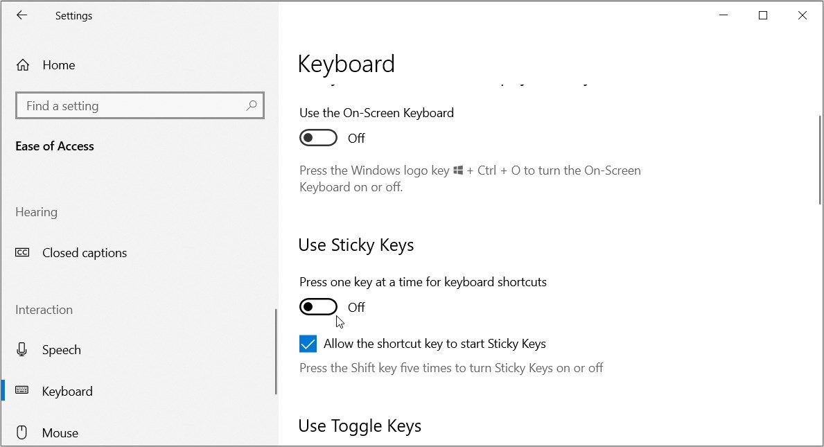 Turning off the button under the Use Sticky Keys option