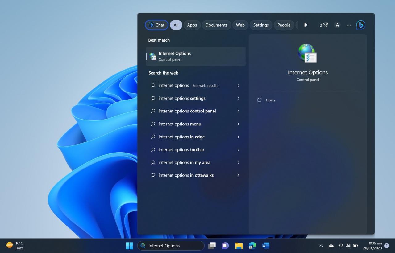Type Internet Options in Windows Search and Open the Settings
