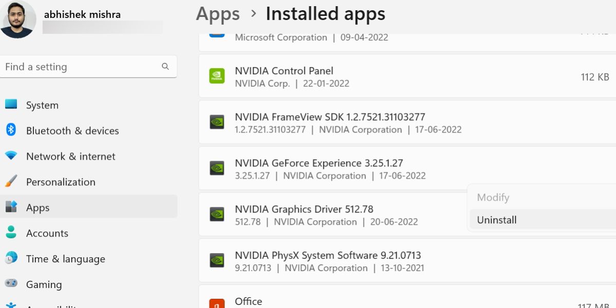 Installed apps window in settings